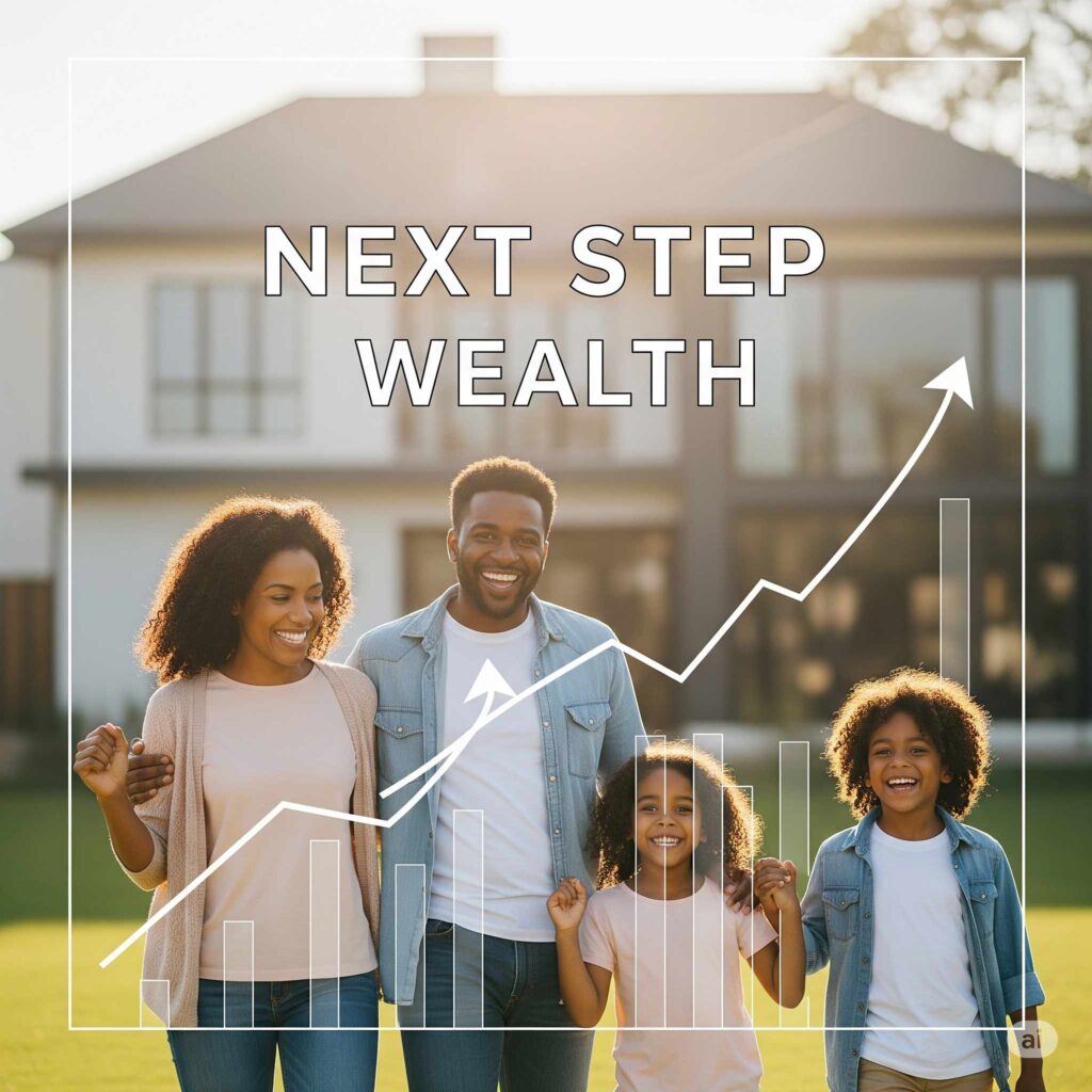 A happy, diverse family stands in front of a modern home with an upward-trending financial graph overlaid, symbolizing growth and a secure future.